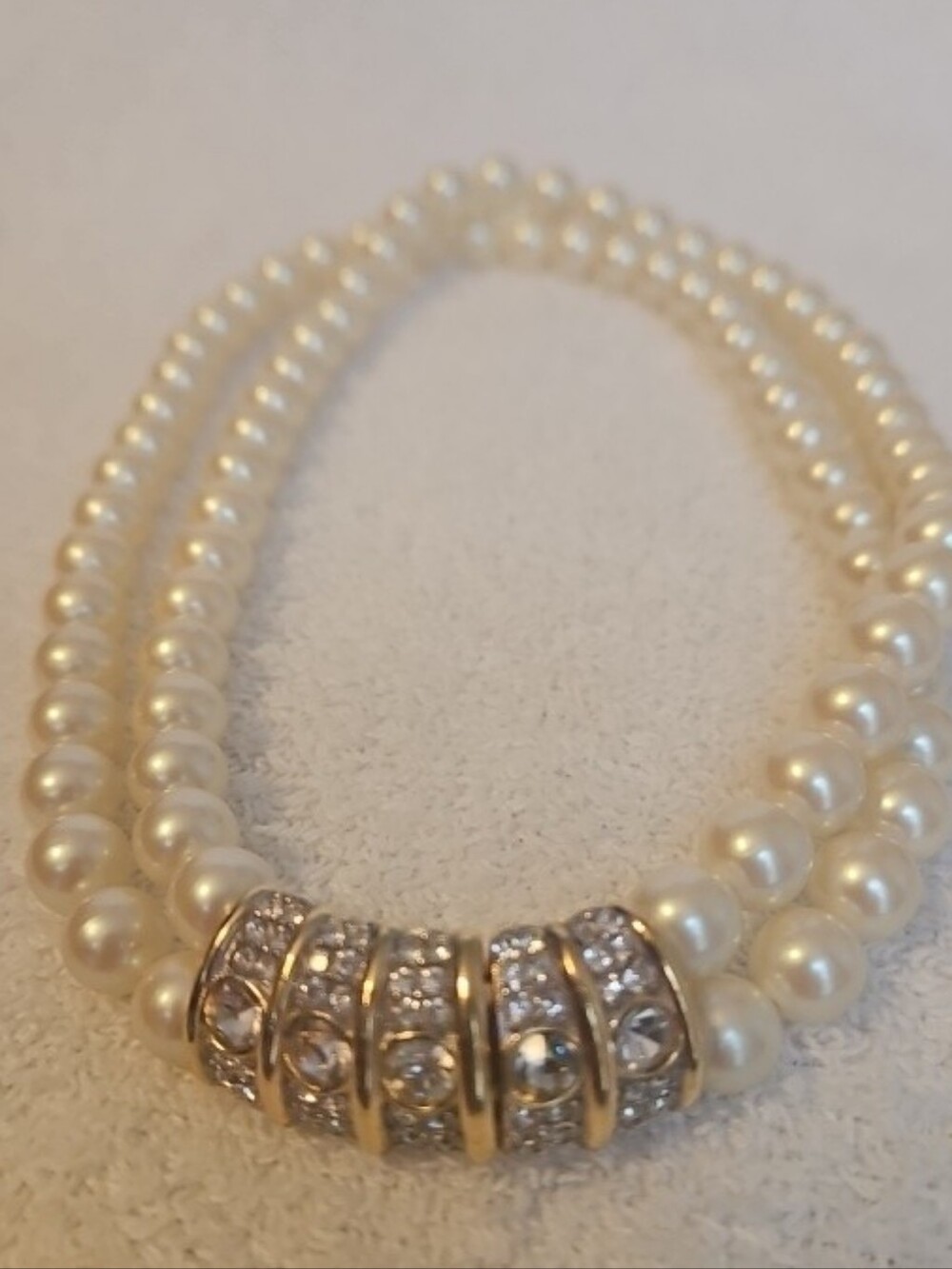Richelieu Victoria double-strand Pearl/Rhinestone Statement Necklace VTG 1980'S